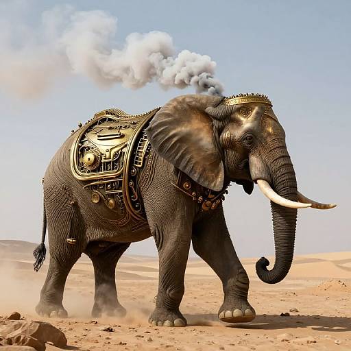 Photograph of a mechanical, steampunk-style elephant with gears, brass accents, and white tusks, emitting smoke, standing in a desert.