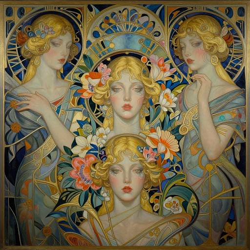 Digital painting of three ethereal, blonde, fair-skinned women with floral crowns, wearing ornate blue and gold gowns, set against a