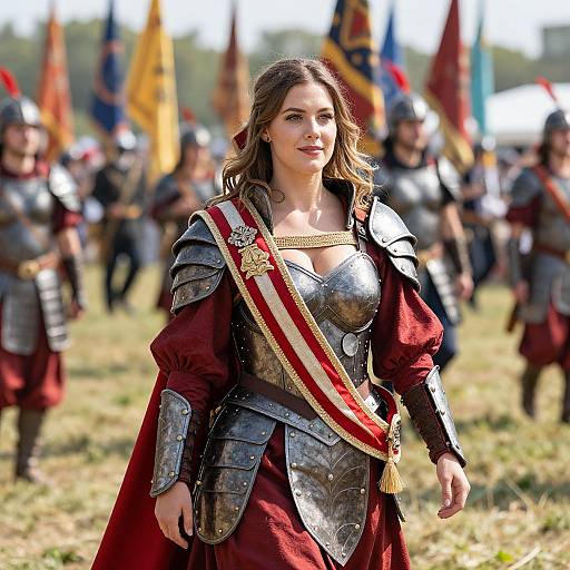 Photograph of a fair-skinned woman with brown hair, wearing medieval armor and red velvet dress, standing confidently in a battlefield with armored soldiers and colorful