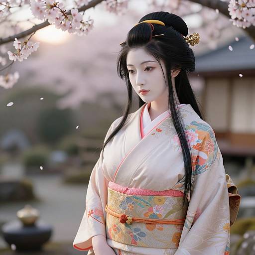 Photograph of a beautiful Japanese woman in a floral kimono, black hair in a traditional updo, standing under cherry blossoms, serene expression,