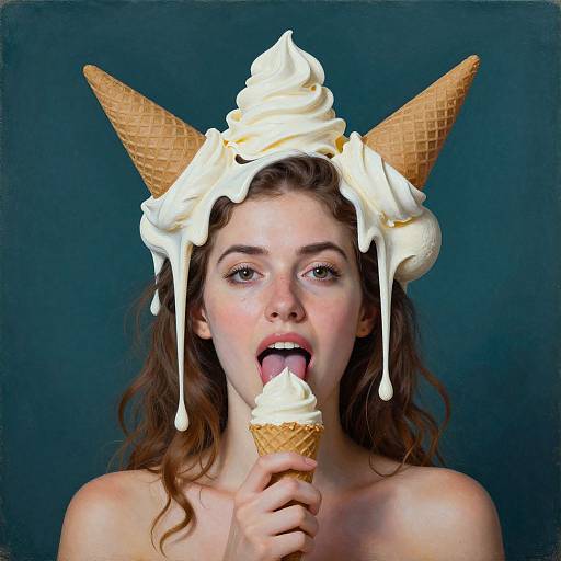 Photograph of a fair-skinned woman with brown hair, wearing a waffle cone hat, ice cream dripping on her head, licking a cone against