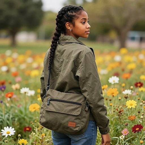 Black Girl with Classic Braid in Flower Field