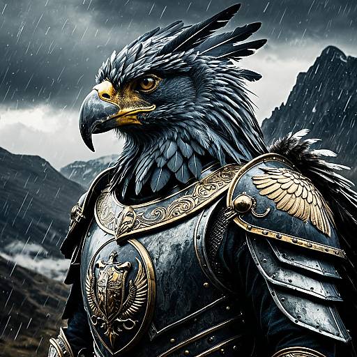 Fantasy Gryphon Warrior in Stormy Mountains