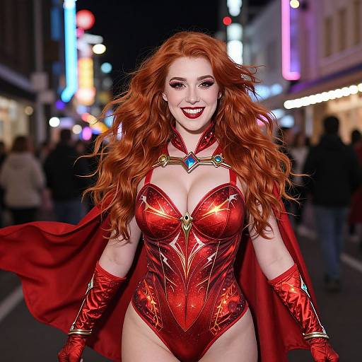 Photograph of a red-haired woman in a red, metallic Wonder Woman costume with cape, standing on a neon-lit city street at night, smiling