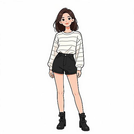 Digital anime-style drawing of a smiling young woman with black hair, wearing a white striped shirt, black high-waisted shorts, and black boots,