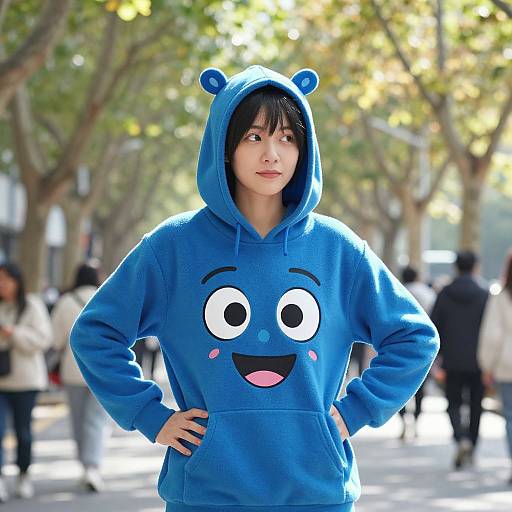Photograph of a young woman with light skin, black hair, and brown eyes, wearing a blue hoodie with a cartoon bear face, standing confidently in