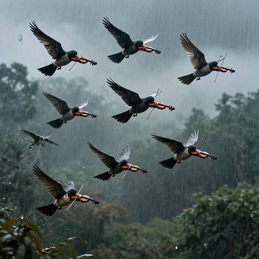 Photograph of seven blackbirds with bright orange beaks flying in a V formation during a rainy day, with misty forest background. Raindrops visible