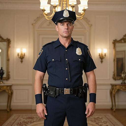 Photograph of a serious-looking male police officer in a dark uniform standing in an ornate, well-lit room with chandelier.