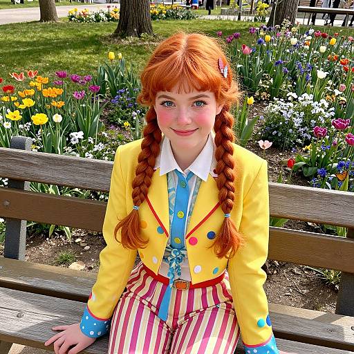 Photograph of a red-haired woman in a yellow clown jacket, blue tie, and striped pants, sitting on a wooden bench in a vibrant, flower