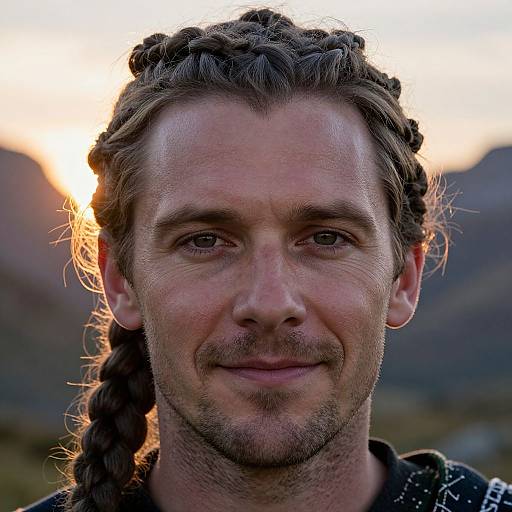 Photograph of a smiling, fair-skinned man with long, braided brown hair, slight stubble, wearing a dark, patterned shirt,