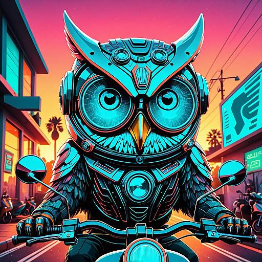 Cyberpunk Mechanical Owl on Motorcycle at Sunset