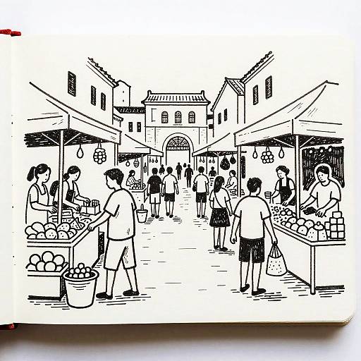 Market Scene Photo to Outline Drawing