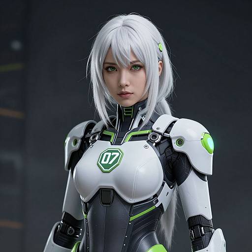 Digital CGI of a white-haired woman in a futuristic, white and black cybernetic suit with green accents, standing against a dark background. Her green