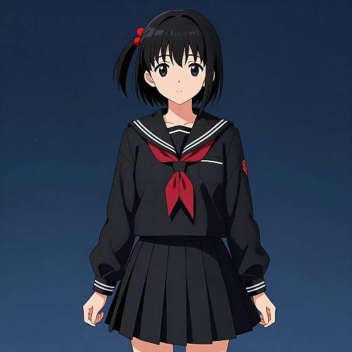 Digital anime-style drawing of a black-haired, blue-eyed girl in a navy sailor school uniform with a red neckerchief and skirt, set against a