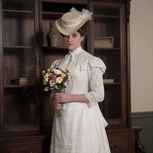 Photograph of a young woman in a white, lace-trimmed Victorian dress and straw hat, holding a bouquet of flowers, standing in front of