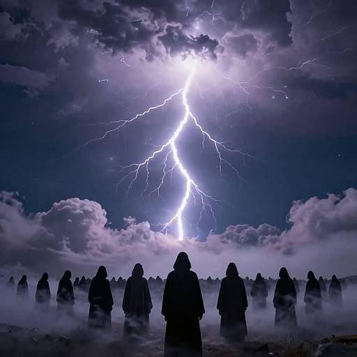 Photograph of silhouetted hooded figures standing in mist, facing a dramatic, lightning-filled, dark blue, cloudy sky with white lightning bolts