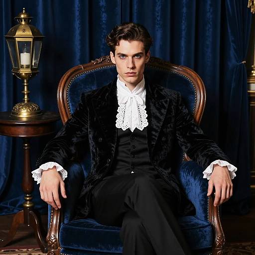 Photograph of a handsome, dark-haired man in a black velvet suit with white lace cuffs, sitting on a blue velvet chair, against dark blue curtains