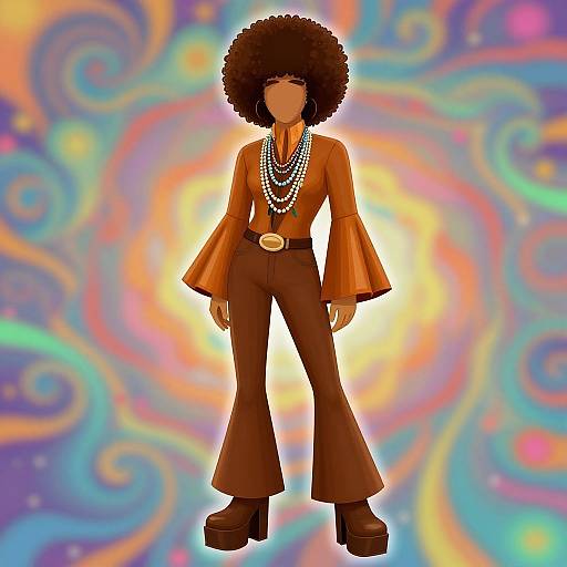Digital drawing of a person with large afro, wearing brown bell-bottoms, orange blouse with flared sleeves, white pearl necklace, and brown platform
