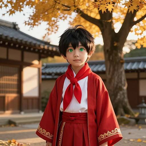 Asian Boy in Traditional Robes at Sunset