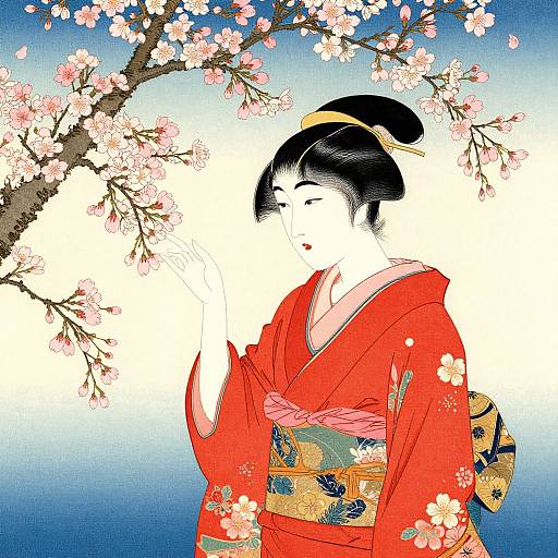 Ukiyo-e Inspired Woman and Cherry Blossoms