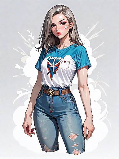 Casual Woman in Striped T-Shirt and Denim Jeans