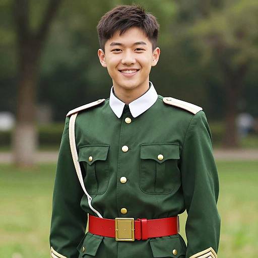 Photograph of a smiling young Asian boy in a green military-style uniform with white trim, gold buttons, and red belt, standing outdoors in a grass