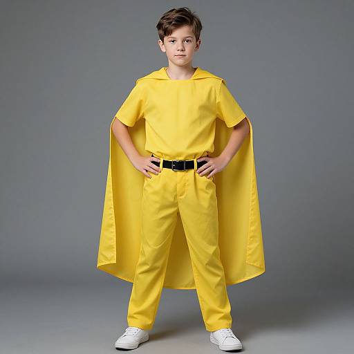 Photograph of a young boy with short brown hair, wearing a bright yellow superhero costume, cape, pants, belt, and white sneakers, standing confidently