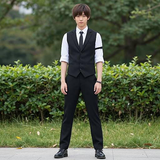 Photograph of a young Asian man with short brown hair, wearing a black vest, white shirt, black tie, and black pants, standing on a