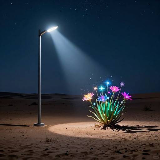 Photograph of a glowing desert flower under a single streetlamp's bright blue light, with vibrant multicolored petals and a starry night sky backdrop