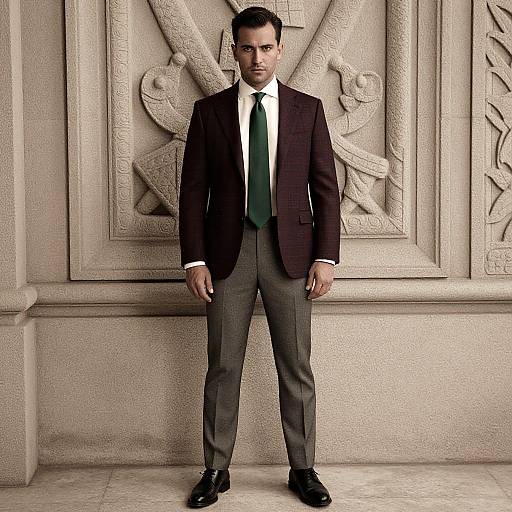 Photograph of a serious, dark-haired man in a black suit, white shirt, green tie, standing against a carved, stone wall.