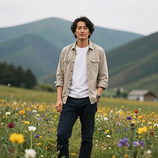Photograph of an Asian man with curly black hair, beige shirt, white tee, black pants, standing in a colorful wildflower field with mountains in