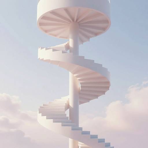 Photograph of a white, spiral staircase with radial fan-like steps against a bright blue sky with soft clouds.