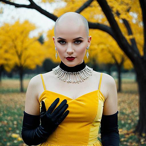 Bald Woman in Yellow Dress with Jewelry Outdoors