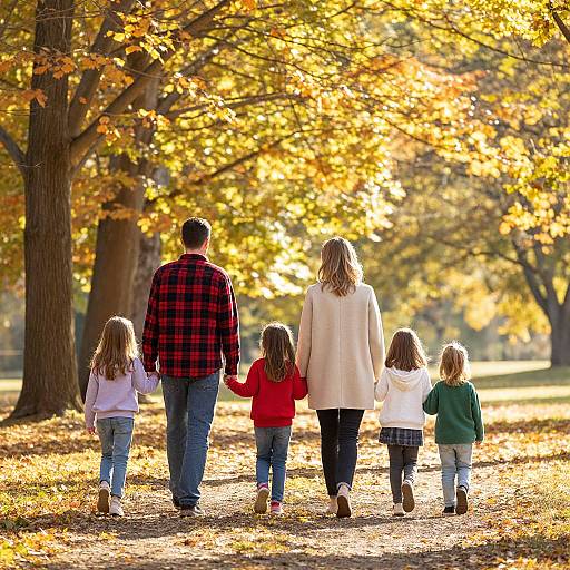 Photograph of a family of five walking hand-in-hand through an autumn park, with golden leaves and sunlight filtering through trees.
