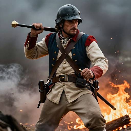 Photograph of a bearded man in 19th-century military attire with a black helmet, holding a musket, amidst intense battlefield flames and smoke