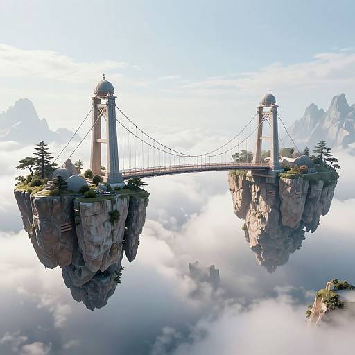 Fantasy CGI image of a floating suspension bridge connecting two rocky, tree-covered mountain cliffs above a cloudy, mountainous landscape.