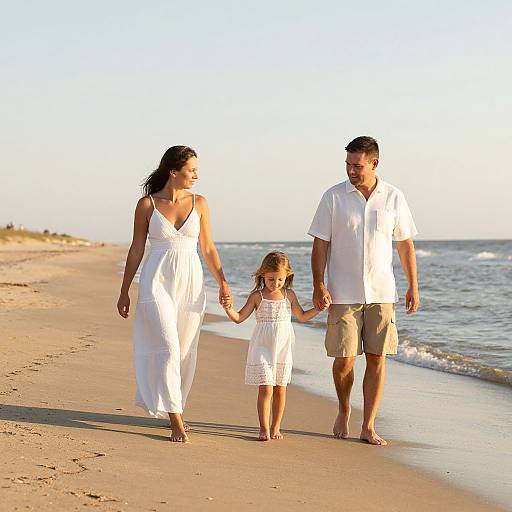 Photograph of a smiling family of three—mother in white dress, father in white shirt and khaki shorts, daughter in white dress—walking hand