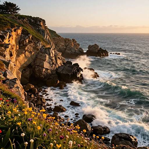 Sunset over rocky coastline with crashing waves, colorful wildflowers in foreground, and cliffs topped with trees in the background. Photorealistic photograph.