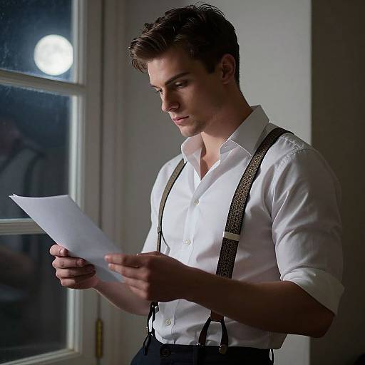 Young Man Reading Letter by Moonlight
