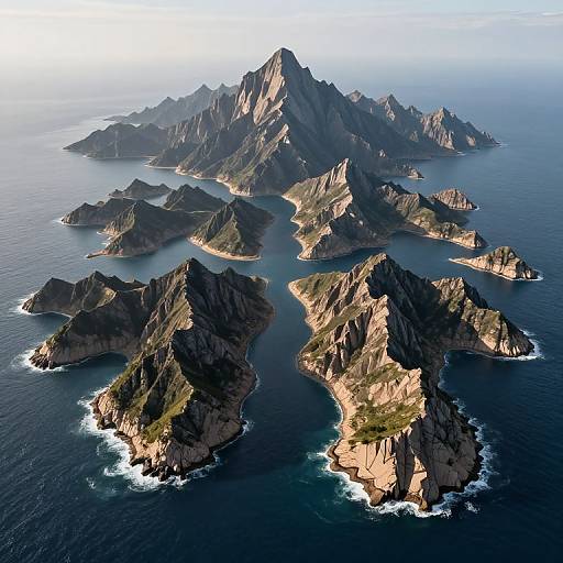 Aerial photograph of a rugged, mountainous archipelago with jagged peaks and deep blue ocean surrounding each island under clear daylight.