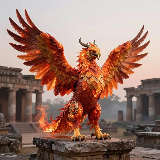 Majestic Fiery Griffin on Ancient Temple Ruins
