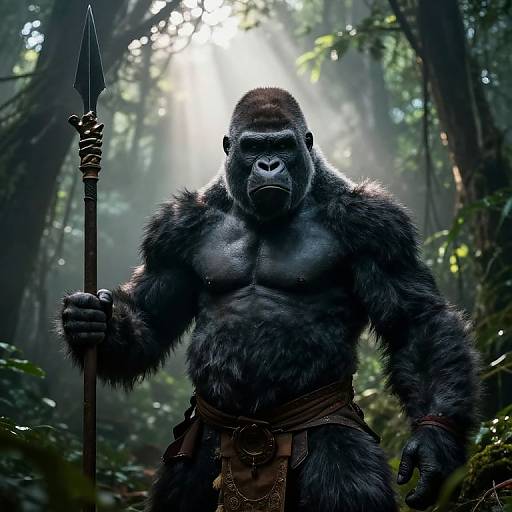 CGI image of a muscular, anthropomorphic gorilla with dark fur, holding a spear, wearing a leather loincloth in a misty forest