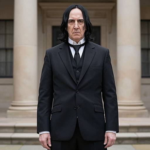Photograph of a serious, middle-aged man with long black hair, wearing a black three-piece suit and white shirt, standing in front of classical columns
