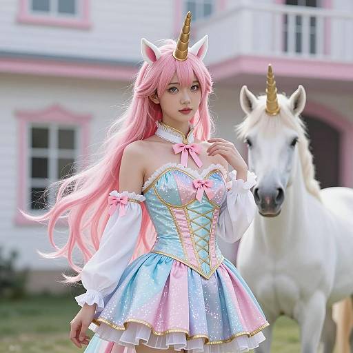 Woman in Unicorn Cosplay with White Unicorn