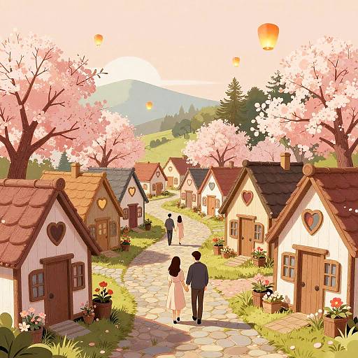 Digital anime-style illustration of a quaint village with cherry blossom trees, heart-shaped house decorations, cobblestone path, and a couple walking away from the
