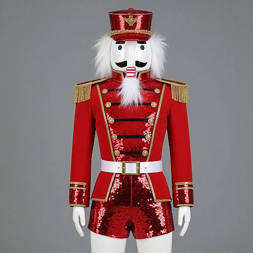 Photograph of a white-faced nutcracker doll in a shiny red military-style uniform with gold epaulettes, white belt, and matching red