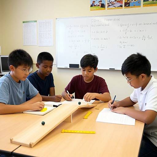 Photograph of four Asian boys, wearing casual shirts, focused on writing at a table in a brightly lit classroom, with a whiteboard in the background