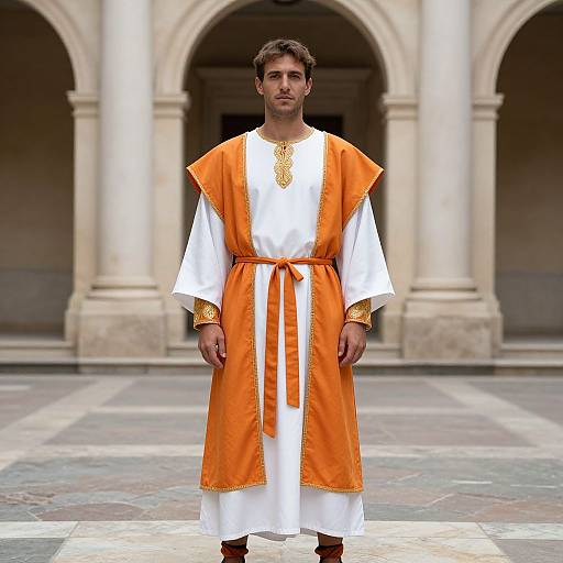 Photograph of a man in an orange and white traditional robe, standing in a courtyard with arched columns, wearing brown shoes.