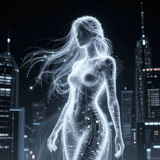 Digital art: Glowing, ethereal woman with flowing white hair stands against a dark, cityscape backdrop, illuminated by bright, neon-like light.