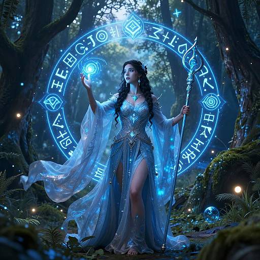 Digital fantasy artwork of a mystical woman in a glowing blue gown, casting spells in a magical forest with ethereal light circle.